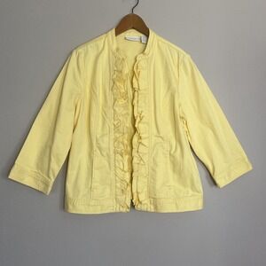 CHICO'S  Denim Jacket Ruffle Front 3/4 Sleeves‎ Yellow Open Front Women Size 1
